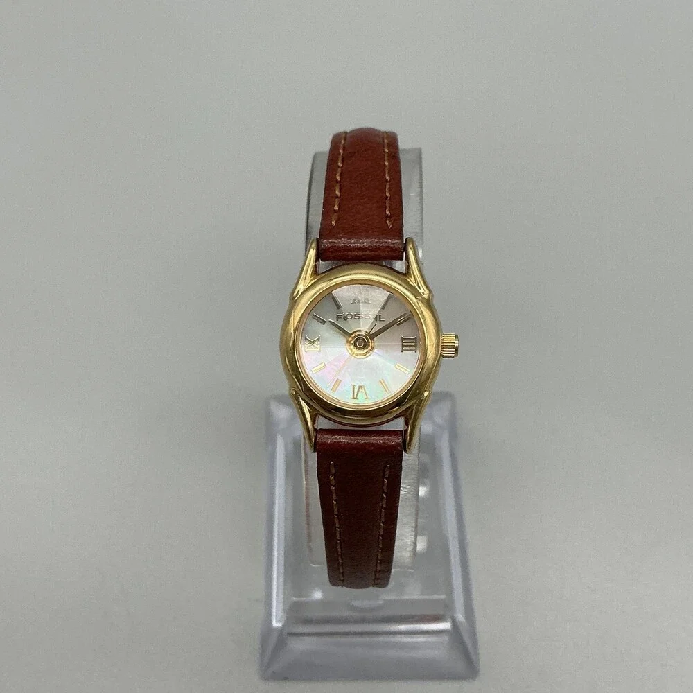 Fossil Womens Watch 19mm Rivoli MOP Brown Leather Gold Tone PC-9536 Quartz 30M